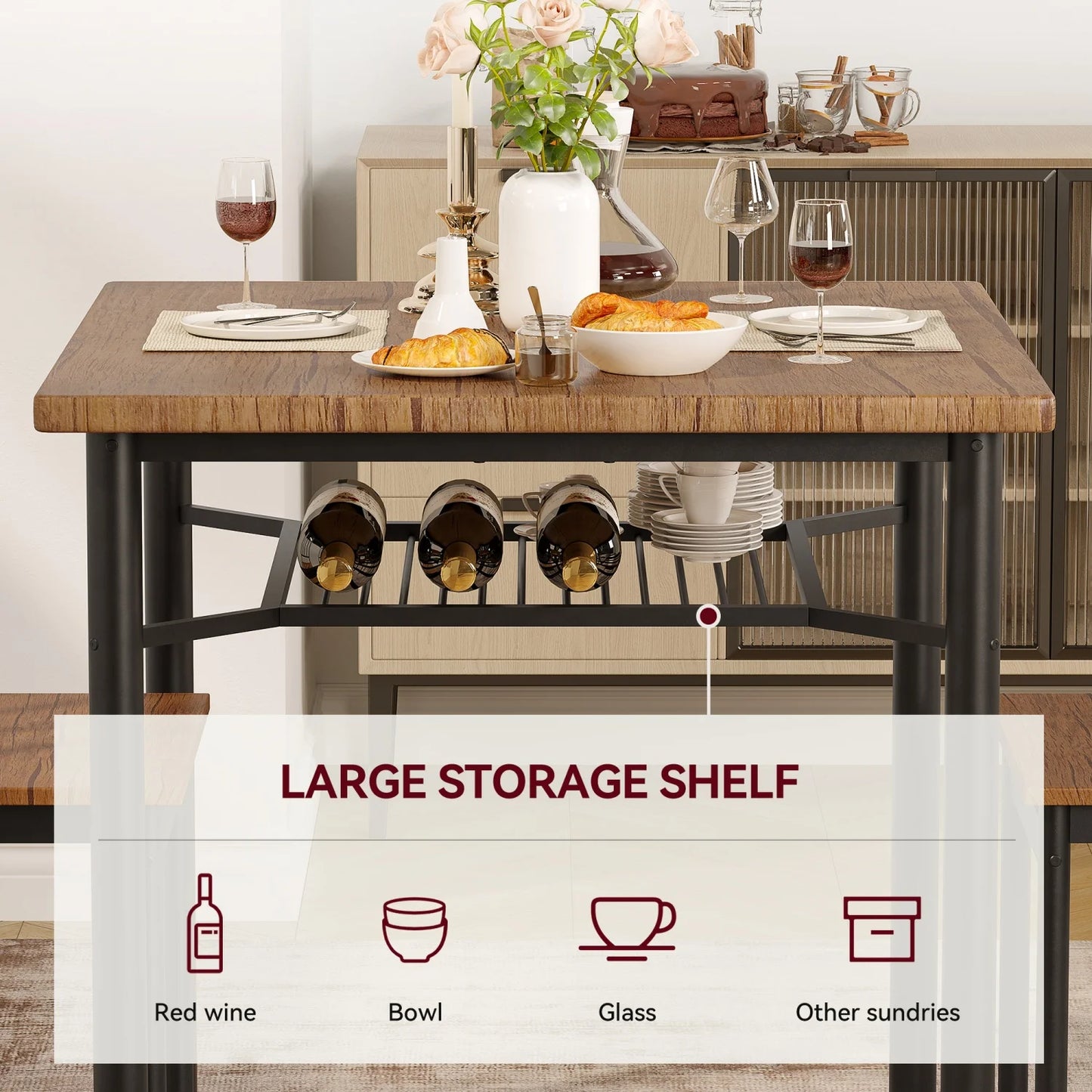 3-Piece Dining Table Set for 2 with Storage Rack