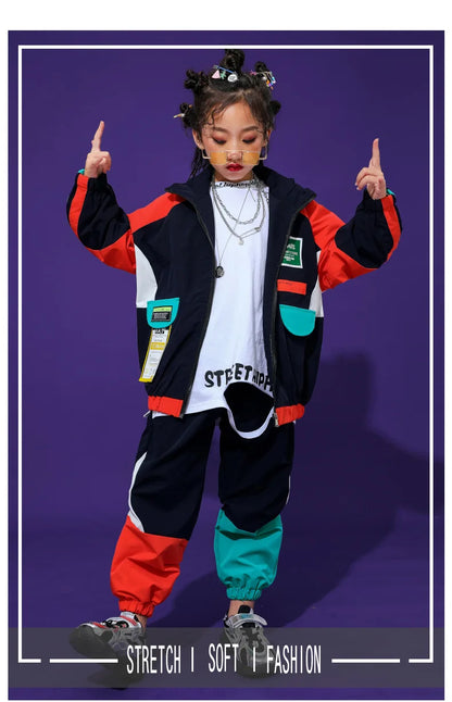 2 Pcs Boys/Girls Hip Hop Contrast Jacket Loose Pants