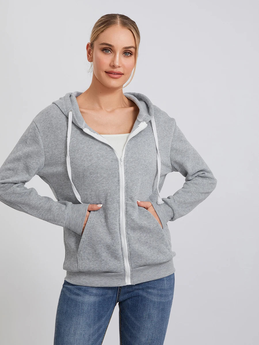 Women s Zip Up Hoodies Long Sleeve Solid Color Classic Fit Sweatshirts Jackets Streetwear Tops