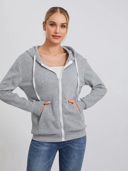 Women s Zip Up Hoodies Long Sleeve Solid Color Classic Fit Sweatshirts Jackets Streetwear Tops