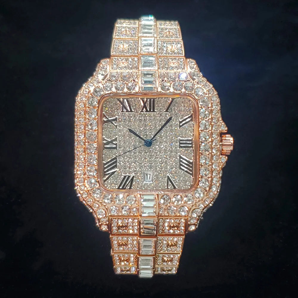 Mens Luxury Diamond Fashion Square Stainless Steel