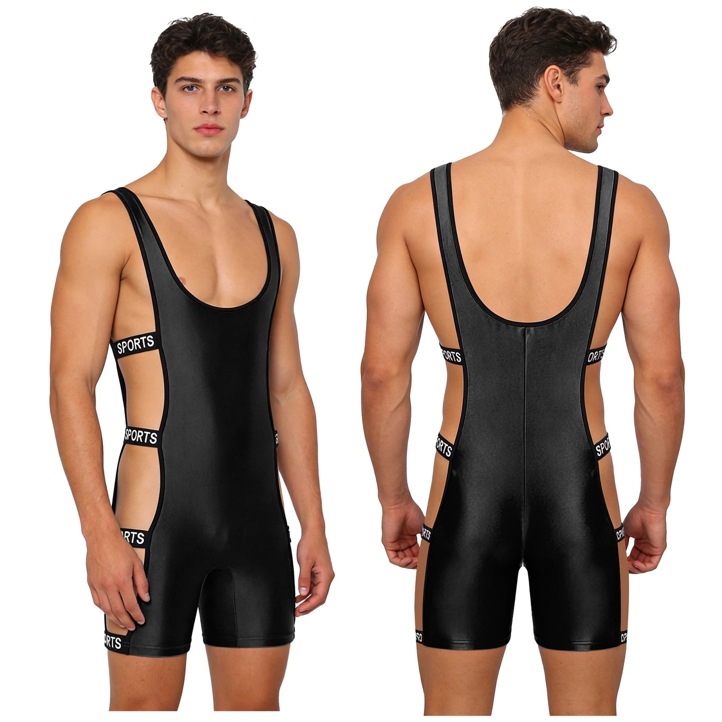 Mens Oil-shiny Workout Bodysuit Low Neckline