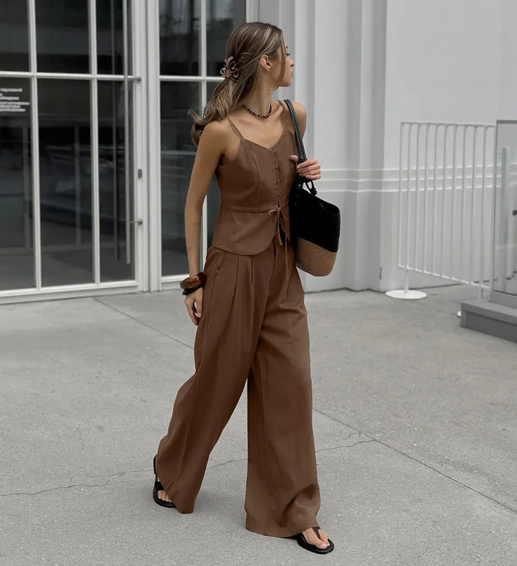 2 Pcs Office Pant Suits Solid Beige Wide Leg