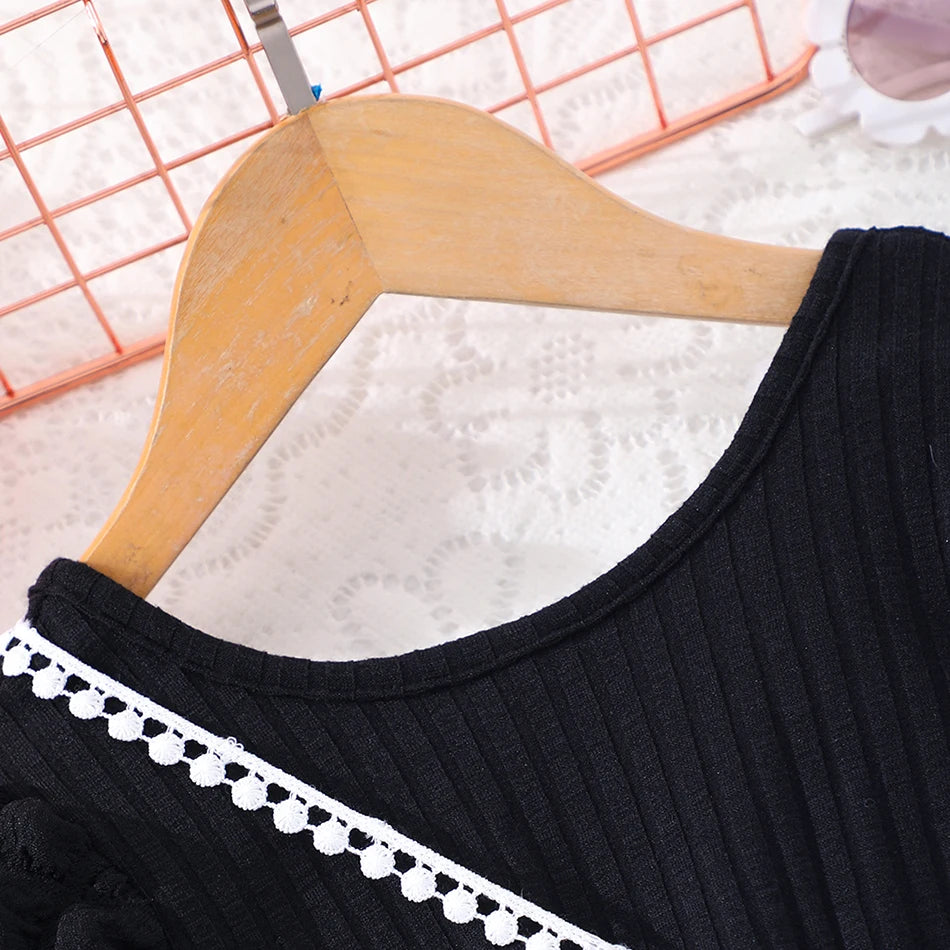 Girls Bubble Sleeve Ribbed Short Romper Set