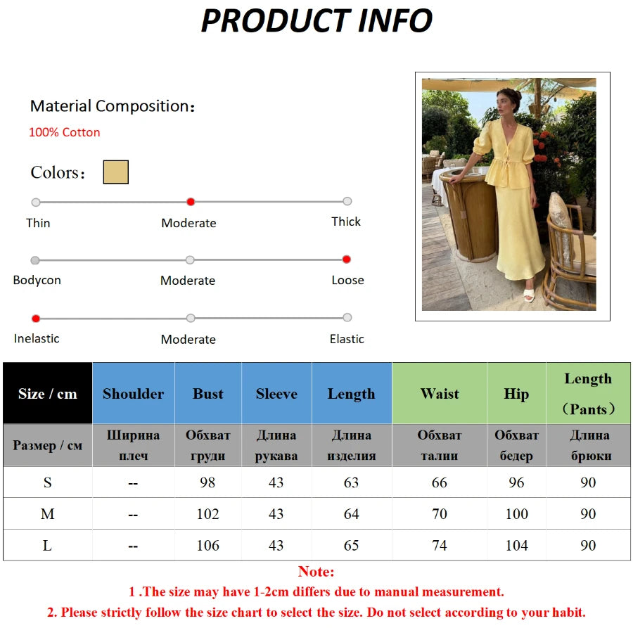 2 PCS V-Neck Lace-Up Bubble Sleeve Shirt  Long Skirt