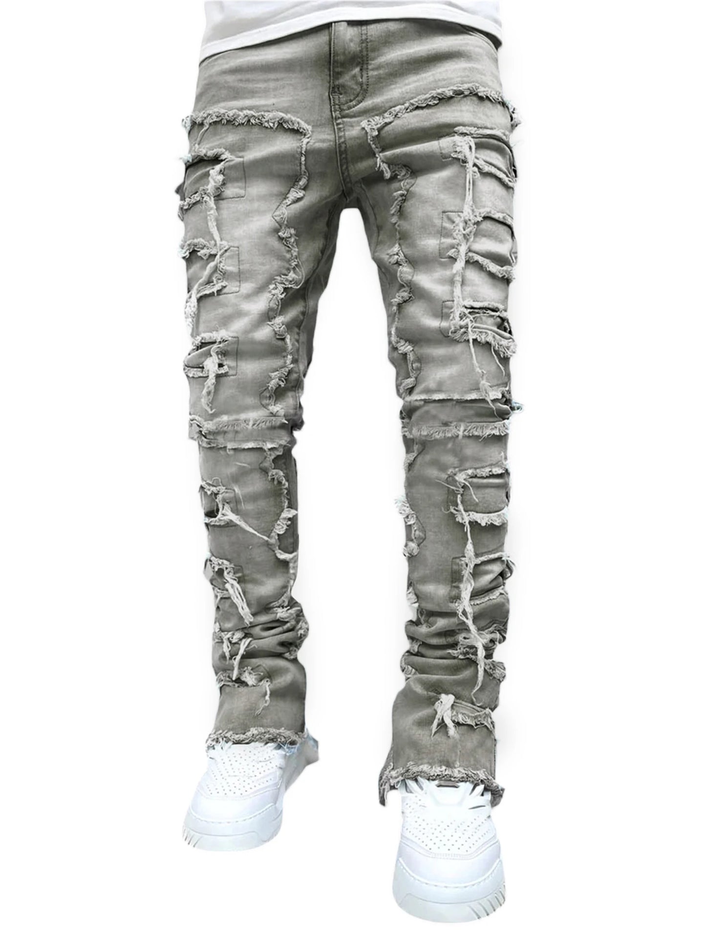 Men Skinny Pants Vintage Patch Frayed Denim