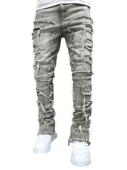 Men Skinny Pants Vintage Patch Frayed Denim