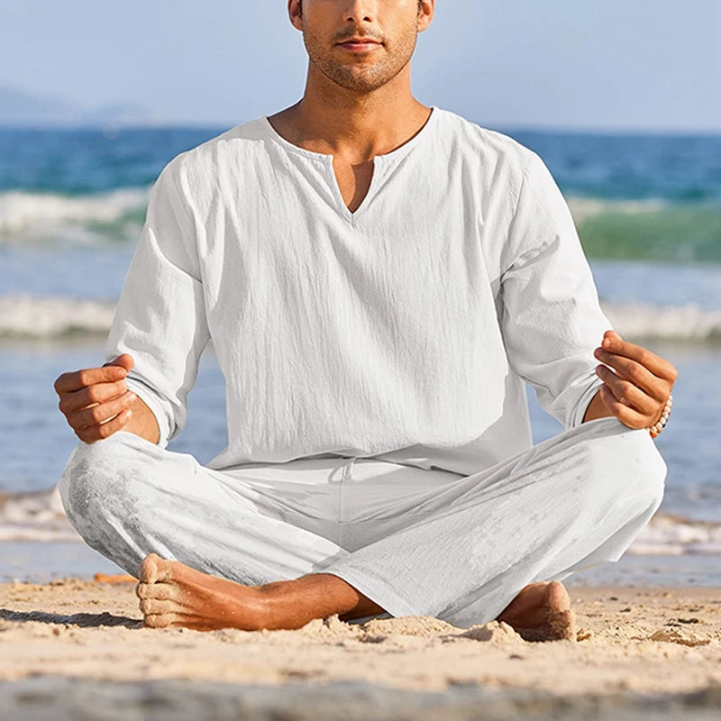 2 Pcs Men Henley Shirt Elastic Waist Drawstring Pants
