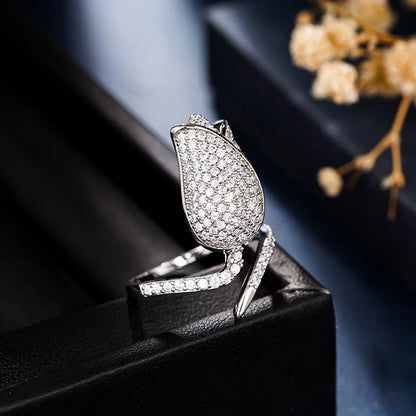 Romantic Tulip Design Flower Rings with Dazzling CZ