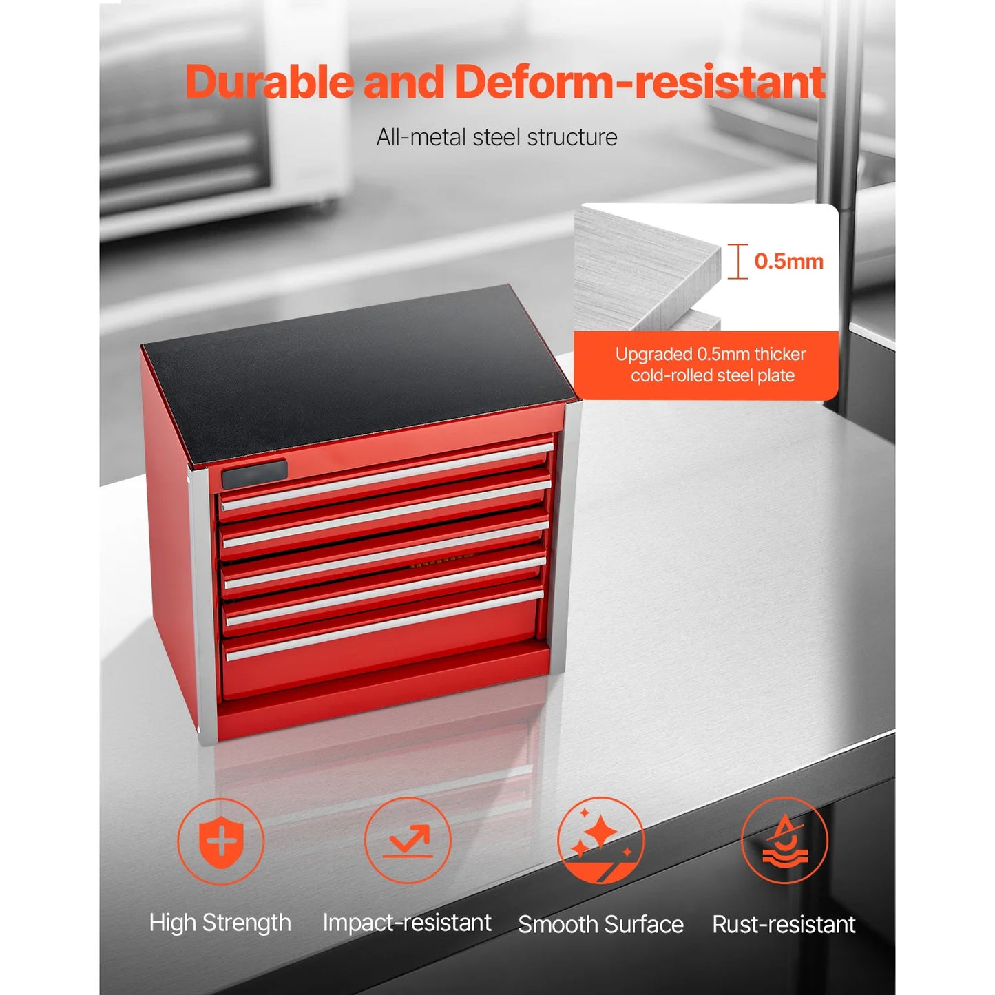 5-Drawer Metal Tool Box Red/Black Portable Tools Storage