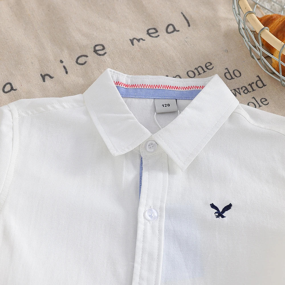 Boys' White Long Sleeve Shirt Embroidery Casual