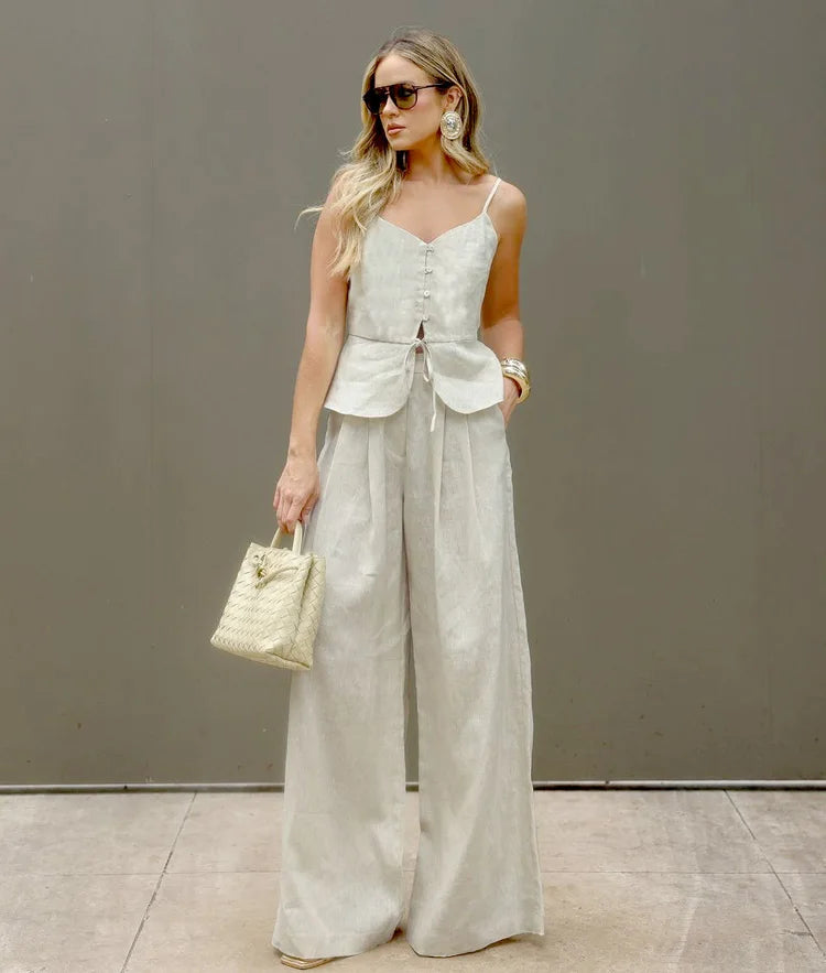 2 Pcs Office Pant Suits Solid Beige Wide Leg