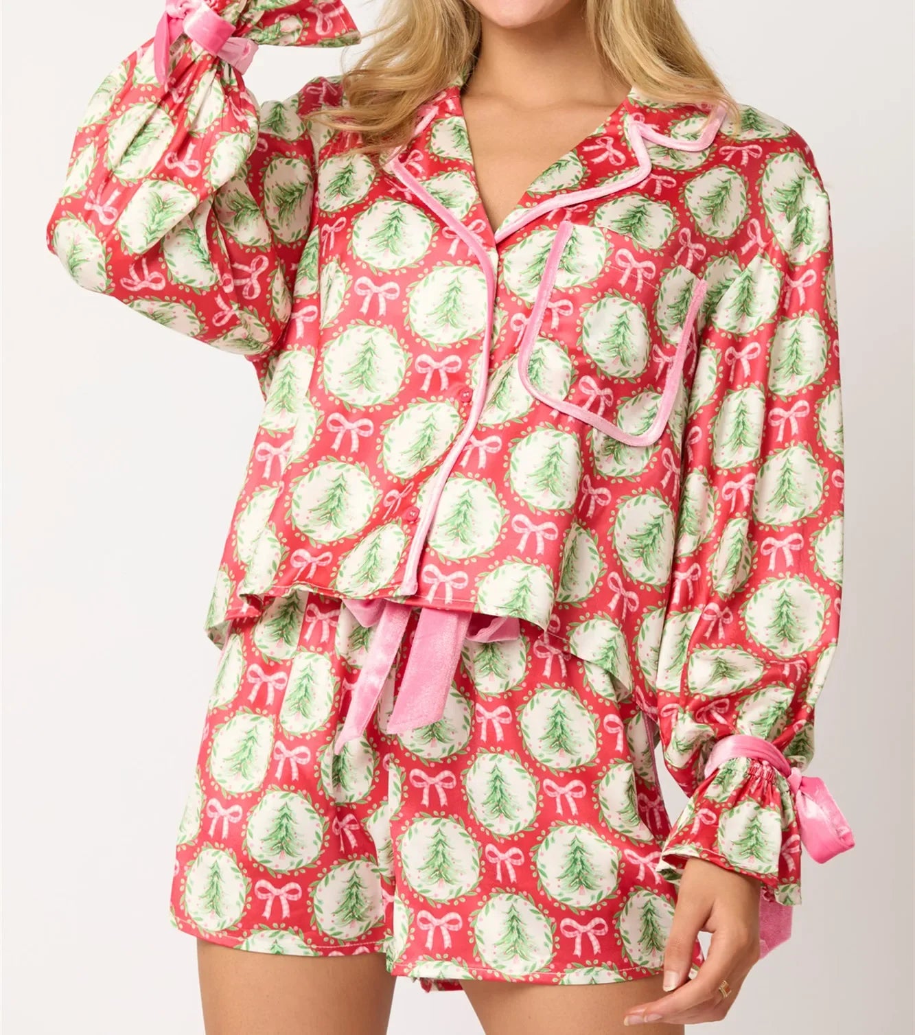 2 Pcs Christmas Pajamas for Women Satin Silk Sleepwear