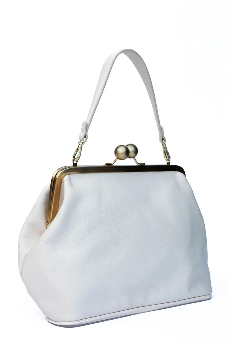 VINTAGE Artificial Leather Bag Natural Kiss-lock Large