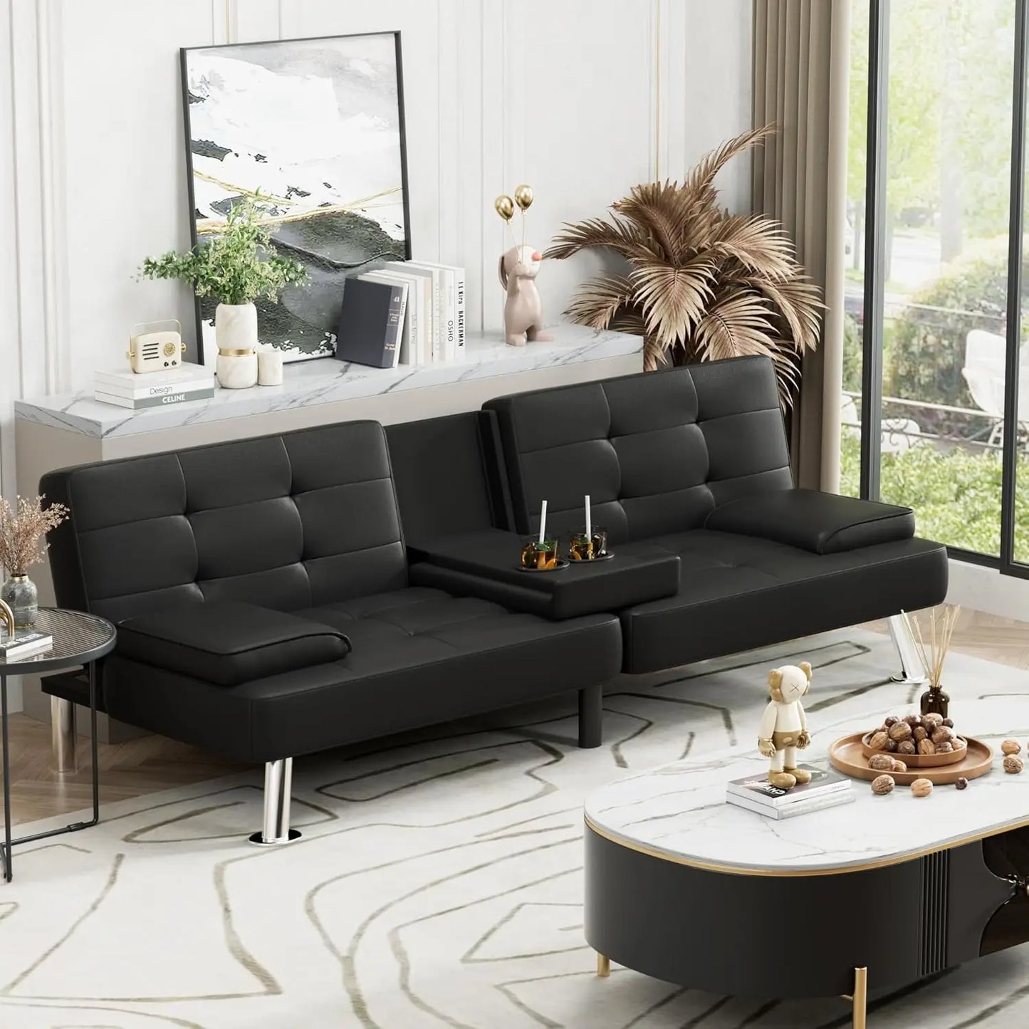 Leather Futon Couch with Removable Armrests