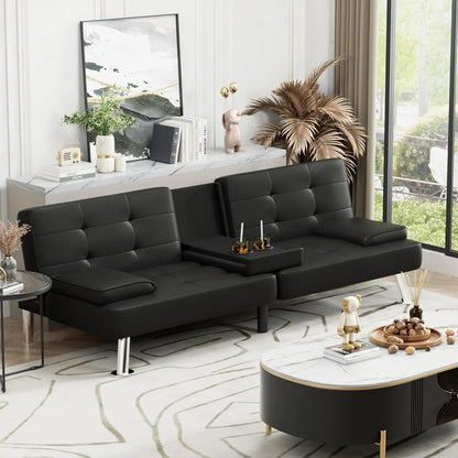 Leather Futon Couch with Removable Armrests
