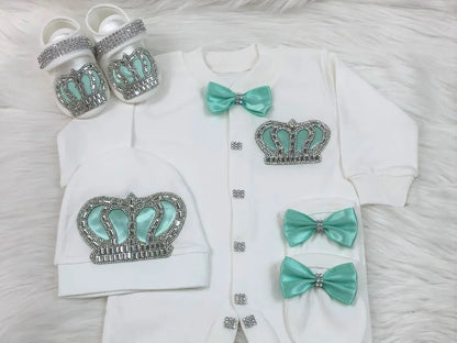4 Pcs Boy/Girl Rhinestone Crown Jumpsuit Clothing