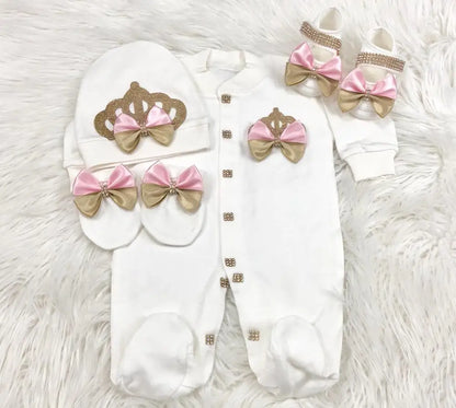 4 Pcs Boy/Girl Rhinestone Crown Jumpsuit Clothing