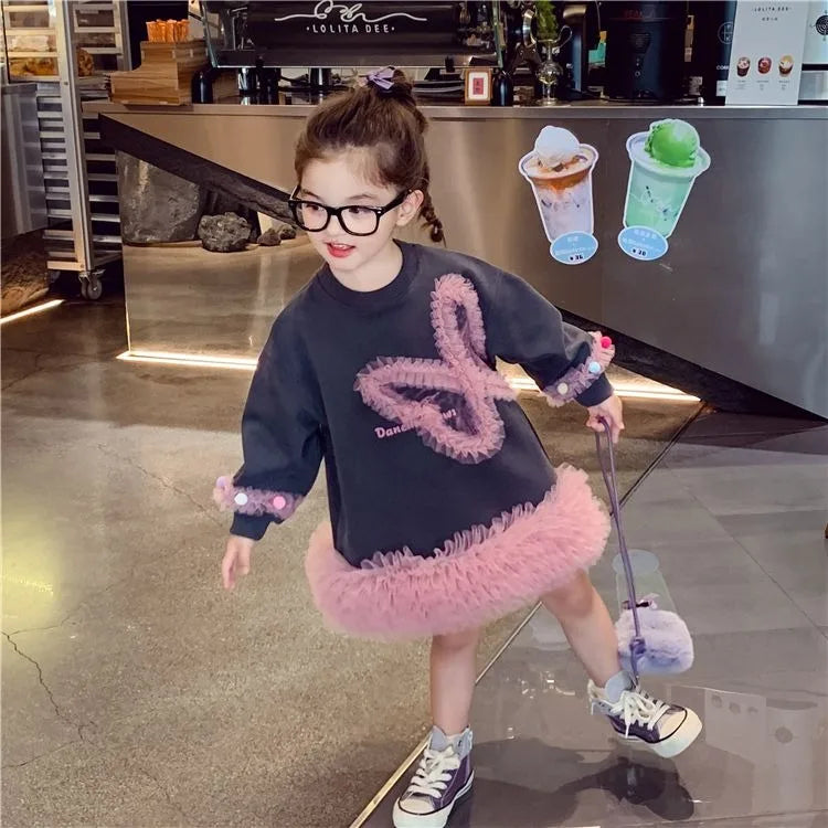 Girls' Casual Stylish Patchwork Tulle Hoodie Dresses