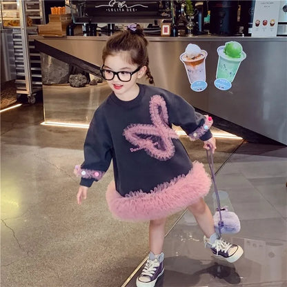 Girls' Casual Stylish Patchwork Tulle Hoodie Dresses