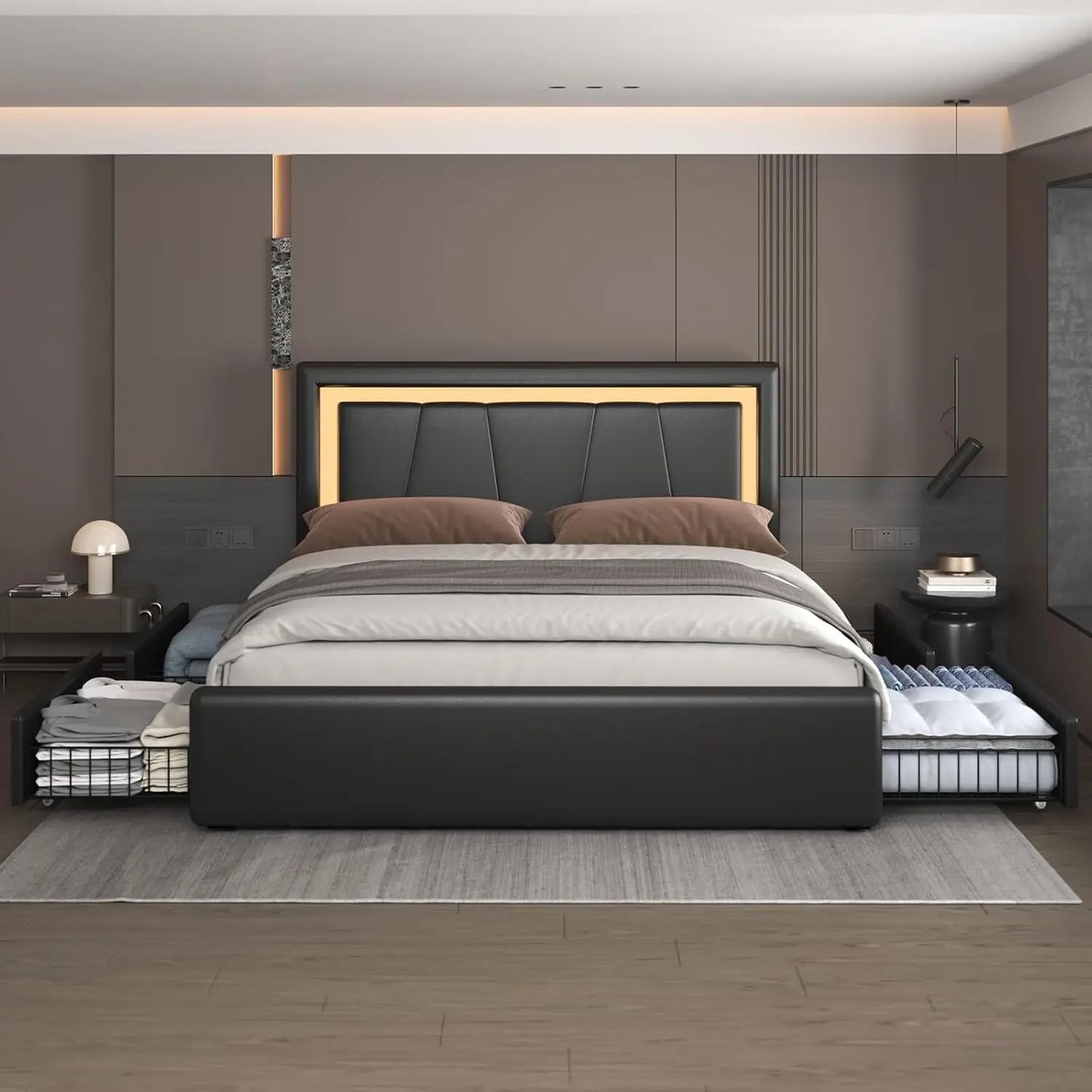 Upholstered Platform LED Bed with Type-C&USB