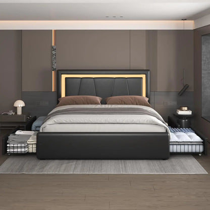 Upholstered Platform LED Bed with Type-C&USB