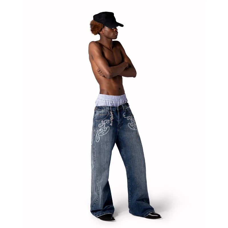 Men/Women Bootcut Jeans Vintage Washed Embroidery Pants