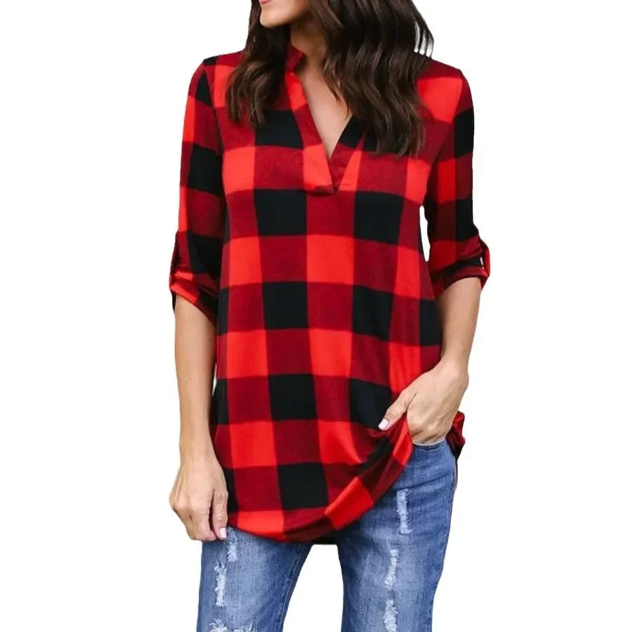 Fashion Plaid V-neck T-Shirt Woman Casual Shirt