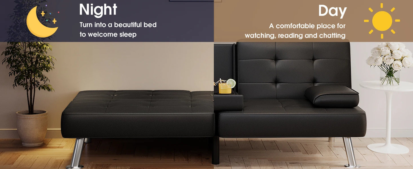 Leather Futon Couch with Removable Armrests
