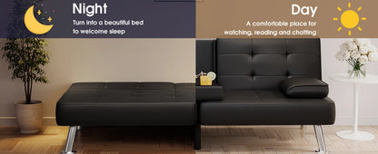 Leather Futon Couch with Removable Armrests