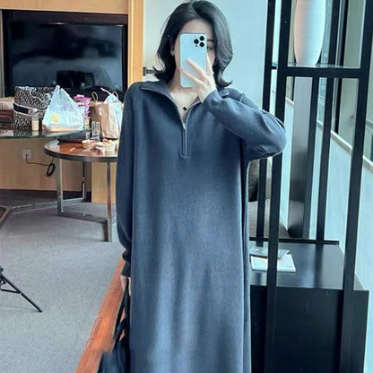 Plain Long Polo Collar Woman Knitted Dress