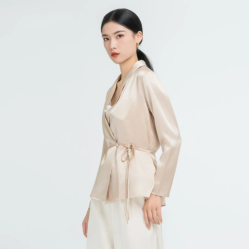 Real Silk Woman Blouses Lace-Up V-Neck