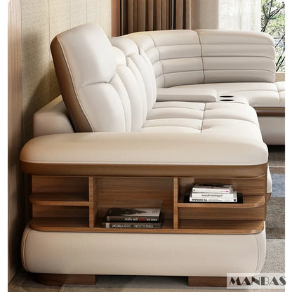 Luxury L-Shaped Genuine Leather Sectional Sofa Set