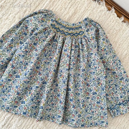 Girls Printed Hand Smocked Blouse Cotton Shirt