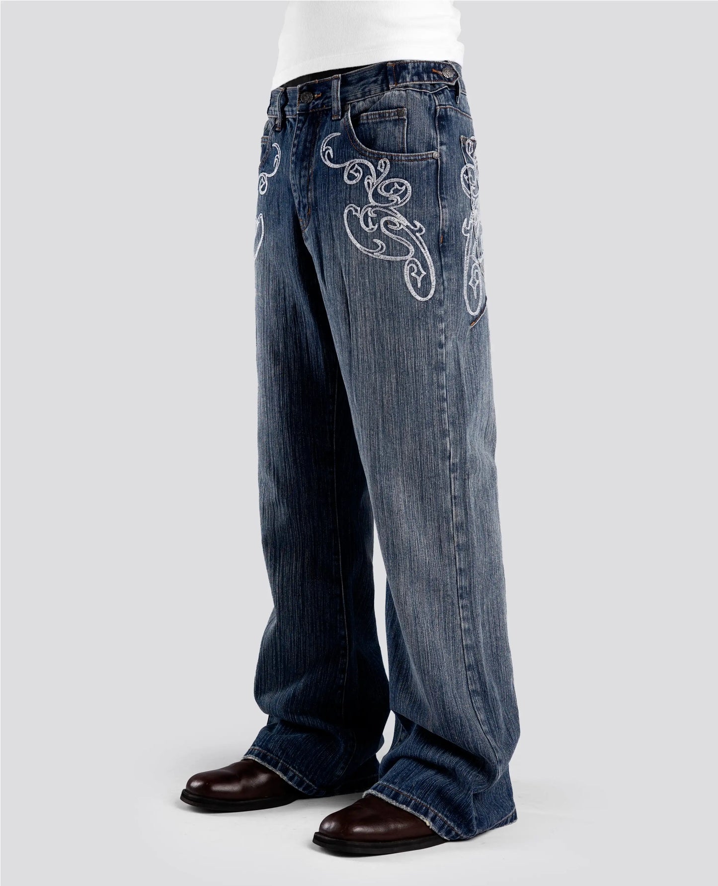 Men/Women Bootcut Jeans Vintage Washed Embroidery Pants