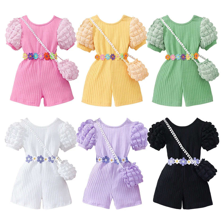 Girls Bubble Sleeve Ribbed Short Romper Set