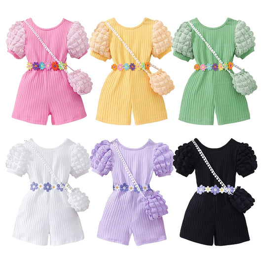 Girls Bubble Sleeve Ribbed Short Romper Set