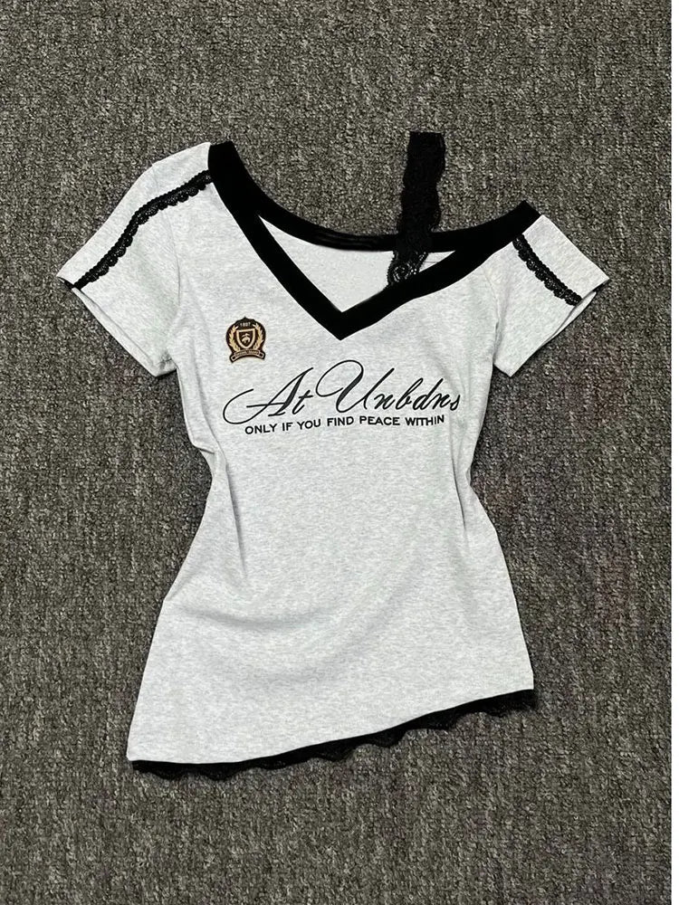 White-Gray Lace Sport Sexy Women V neck