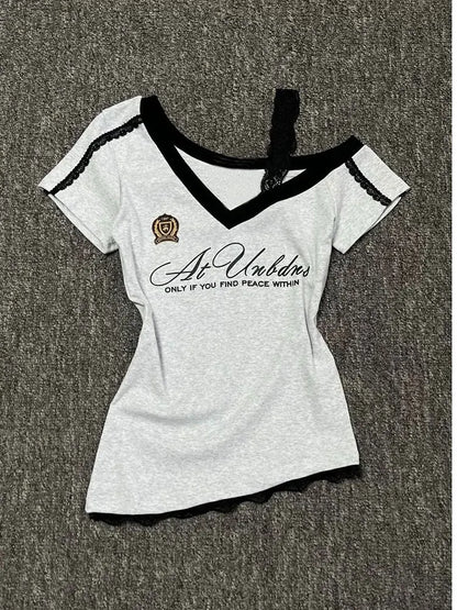 White-Gray Lace Sport Sexy Women V neck