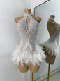 Women Sexy Halter Beading Feather Tight Bodysuit