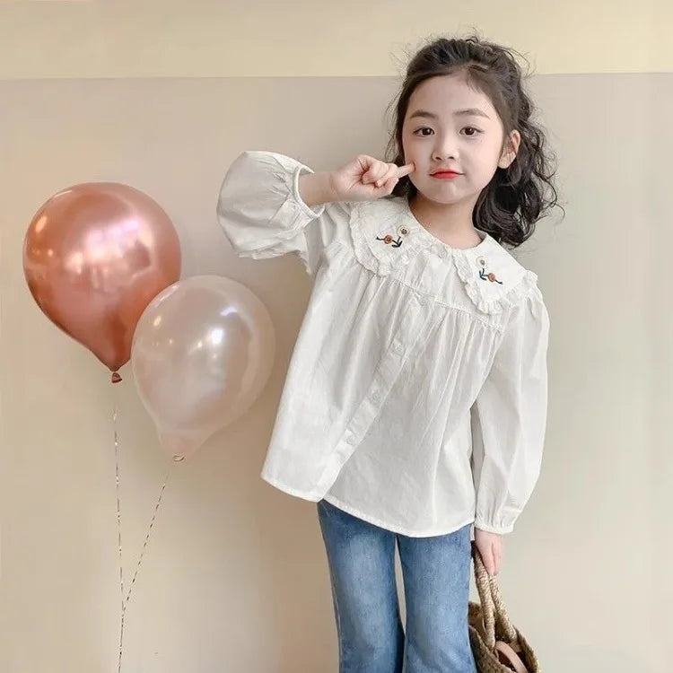 White Girl's Blouse Cotton Doll Collar Shirt