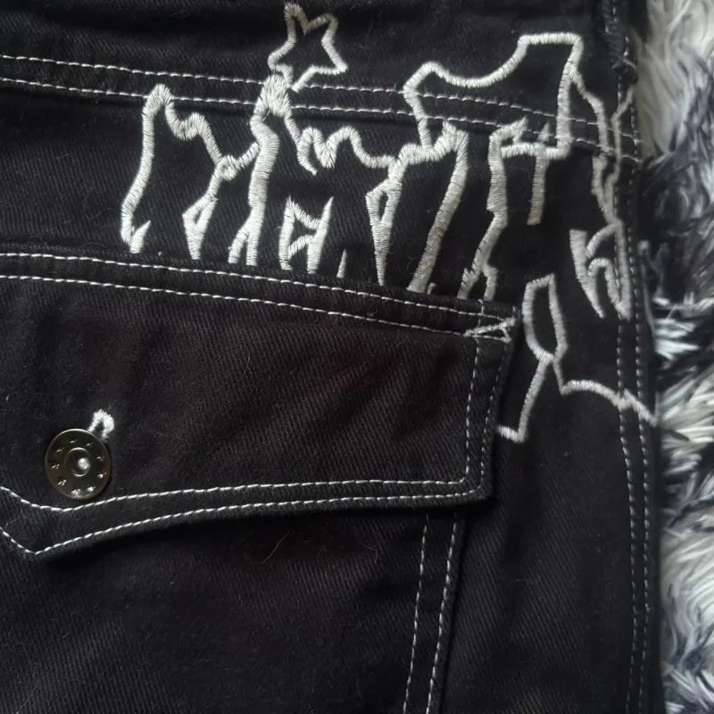 Oversize Geometric Letter Printing Washed Black Jeans