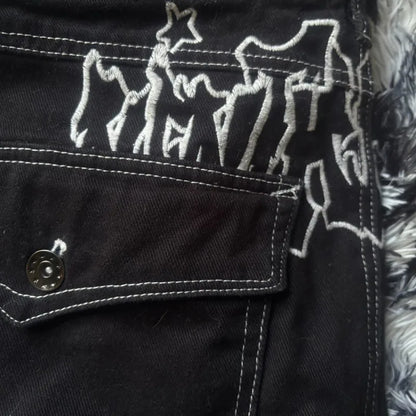 Oversize Geometric Letter Printing Washed Black Jeans