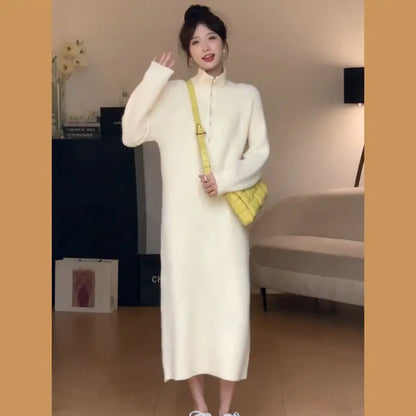 Plain Long Polo Collar Woman Knitted Dress