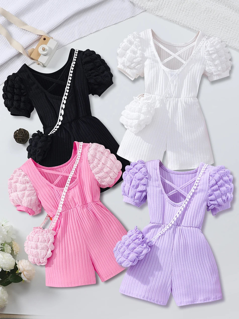 Girls Bubble Sleeve Ribbed Short Romper Set