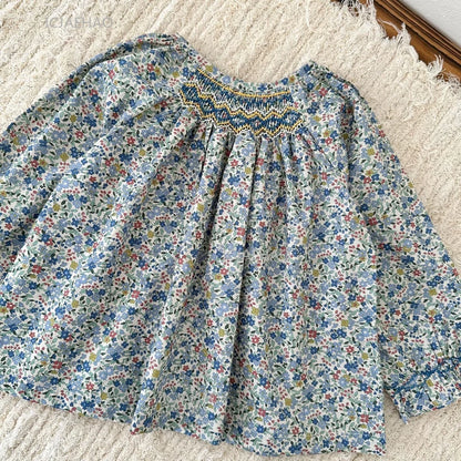 Girls Printed Hand Smocked Blouse Cotton Shirt