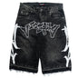 Mens Embroidery Black Jeans  Vintage Baggy Shorts