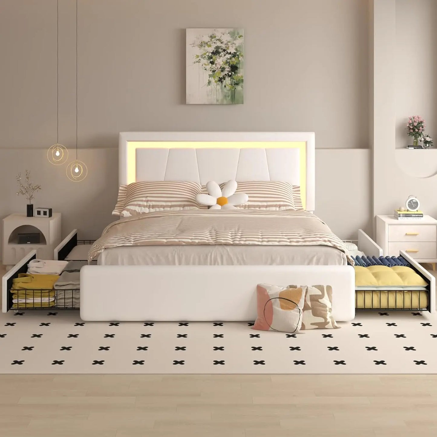 Upholstered Platform LED Bed with Type-C&USB