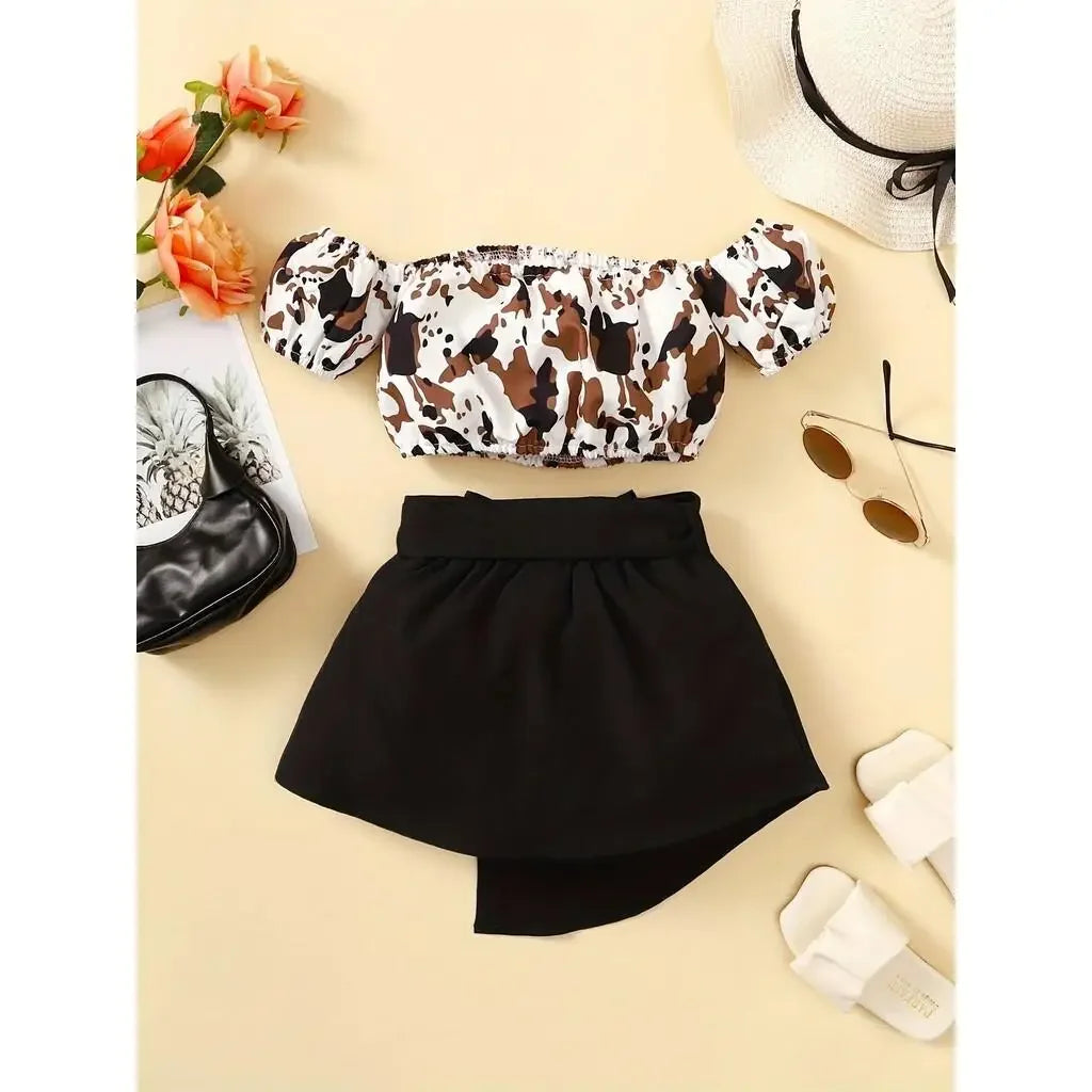 2PCS Girl Summer Clothes Set Off Shoulder Leopard