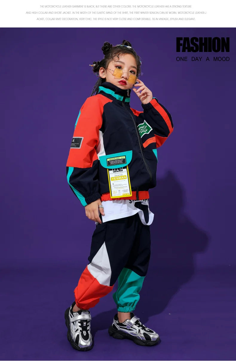 2 Pcs Boys/Girls Hip Hop Contrast Jacket Loose Pants